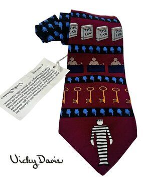 Vintage Vicky Davis 100% Silk Novelty Necktie Tie Legal System Jailbird Graphic